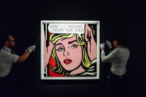  Art handlers with Roy Lichtenstein Vicki! I--I Thought I Heard Your Voice 1964. courtesy of claire doherty/Alamy Live News