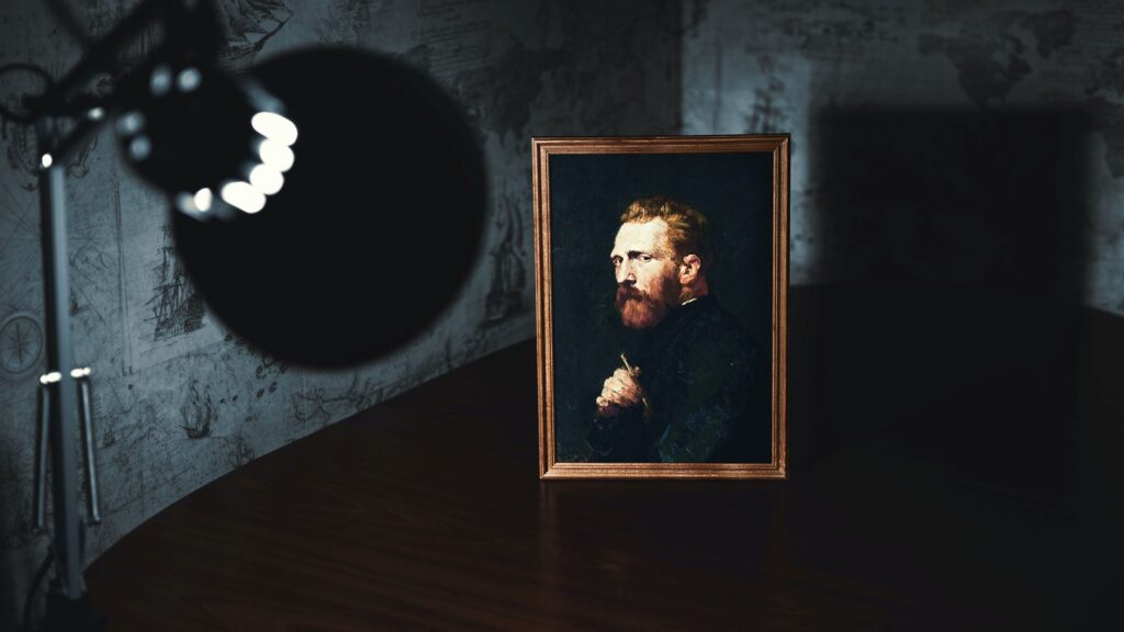 Image of spotlight on a portrait of Vincent Van Gogh painted by John Peter Russel. Photo by Руслан Гамзалиев on Unsplash