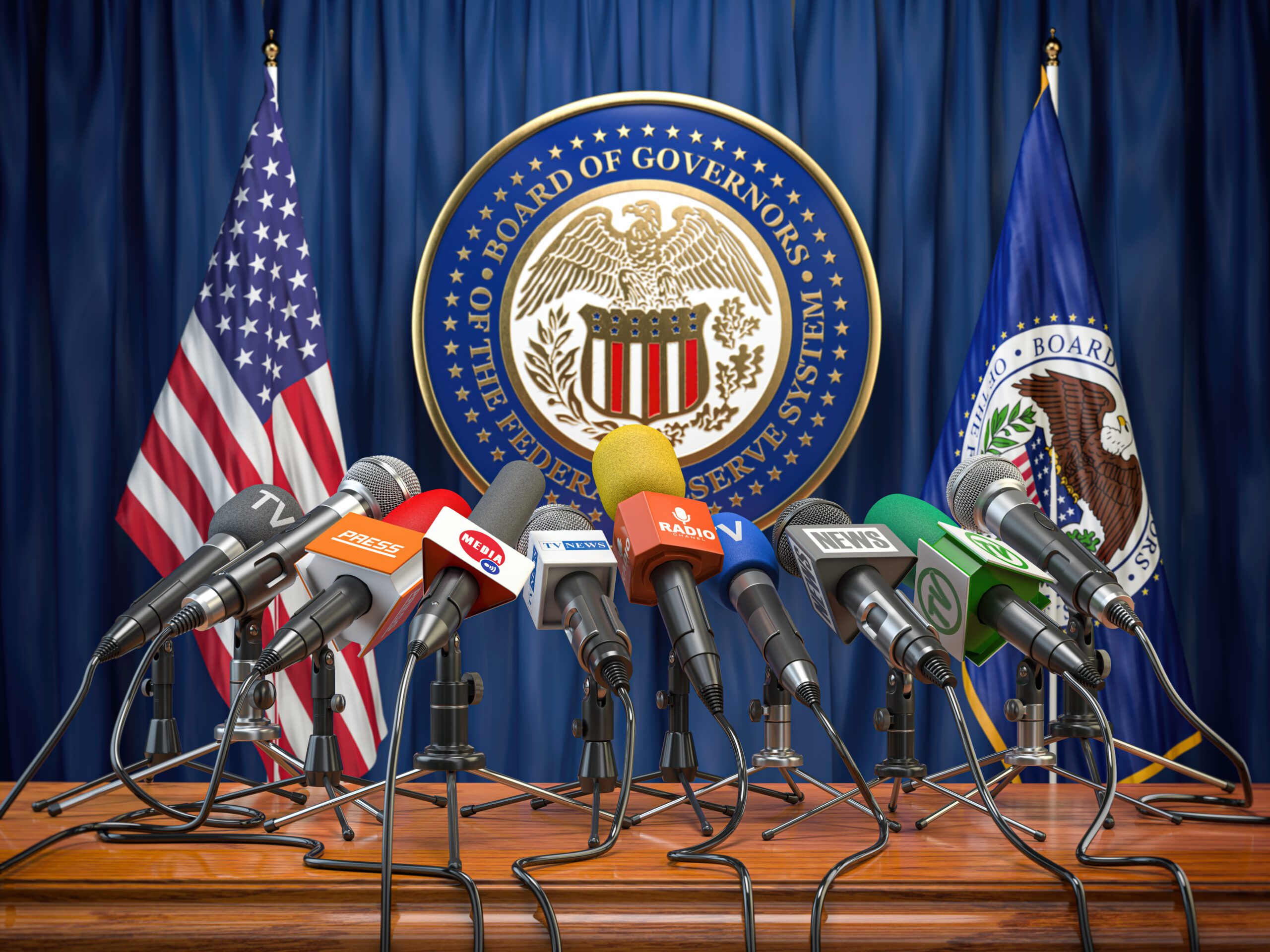 Federal Reserve System Fed of USA press conference concept. Microphones TV and radio channels with symbol and flag of US Federal Reserve. 3d illustration